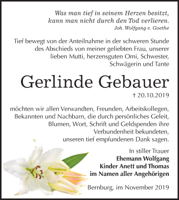 Traueranzeige von Gerlinde Gebauer von Super Sonntag Bernburg