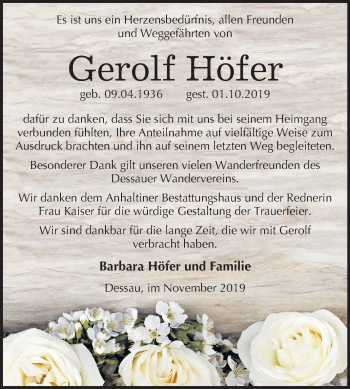 Traueranzeige von Gerolf Höfer von Super Sonntag Dessau-Roßlau
