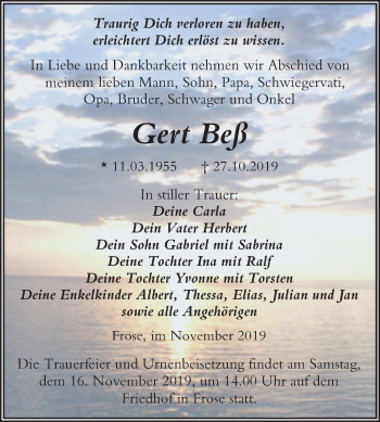 Traueranzeige von Gert Beß von Wochenspiegel Aschersleben