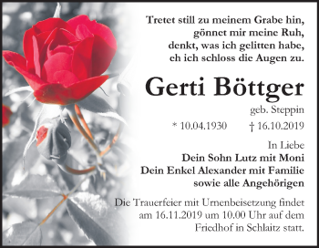 Traueranzeige von Gerti Böttger von Wochenspiegel Bitterfeld