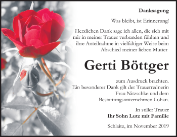 Traueranzeige von Gerti Böttger von Wochenspiegel Bitterfeld