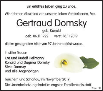 Traueranzeige von Gertraud Domsky von Wochenspiegel Weißenfels