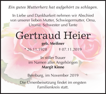 Traueranzeige von Gertraud Heier von Mitteldeutsche Zeitung Bernburg