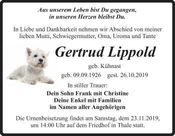 Traueranzeige von Gertrud Lippold von Super Sonntag Quedlinburg