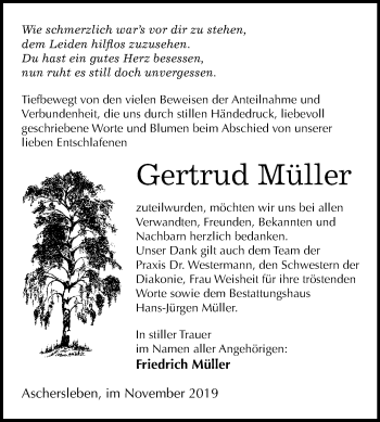 Traueranzeige von Gertrud Müller von Super Sonntag Aschersleben