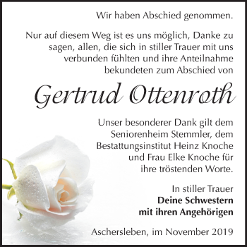 Traueranzeige von Gertrud Ottenroth von Super Sonntag Aschersleben