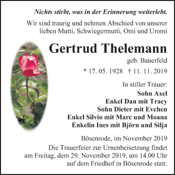 Traueranzeige von Gertrud Thelemann von Mitteldeutsche Zeitung Sangerhausen