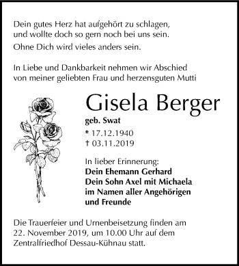 Traueranzeige von Gisela Berger von Mitteldeutsche Zeitung Dessau-Roßlau