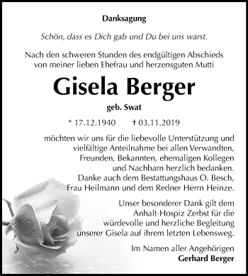Traueranzeige von Gisela Berger von Mitteldeutsche Zeitung Dessau-Roßlau