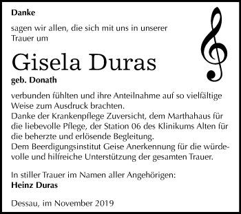 Traueranzeige von Gisela Duras von Super Sonntag Dessau-Roßlau
