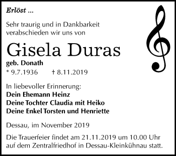Traueranzeige von Gisela Duras von Super Sonntag Dessau-Roßlau