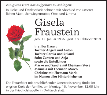Traueranzeige von Gisela Fraustein von Mitteldeutsche Zeitung Bitterfeld