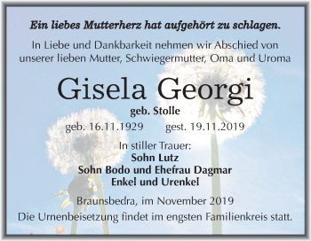 Traueranzeige von Gisela Georgi von Mitteldeutsche Zeitung Merseburg/Querfurt