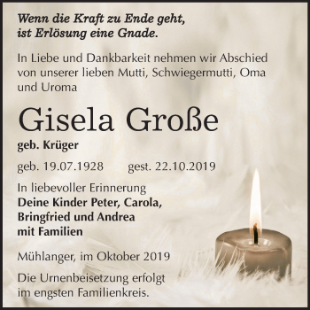 Traueranzeige von Gisela Große von Super Sonntag Wittenberg