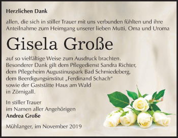 Traueranzeige von Gisela Große von Super Sonntag Wittenberg