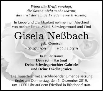 Traueranzeige von Gisela Neßbach von Mitteldeutsche Zeitung Halle/Saalkreis