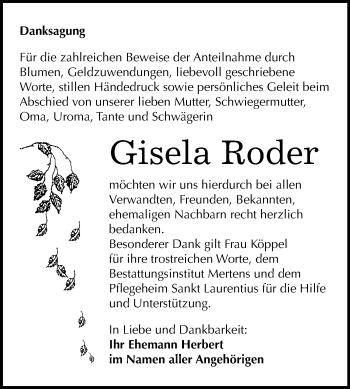 Traueranzeige von Gisela Roder von Wochenspiegel Naumburg/Nebra