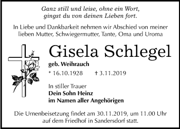 Traueranzeige von Gisela Schlegel von Mitteldeutsche Zeitung Bitterfeld