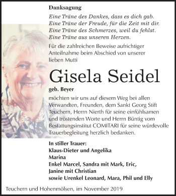 Traueranzeige von Gisela Seidel von Mitteldeutsche Zeitung Weißenfels
