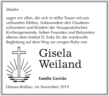 Traueranzeige von Gisela Weiland von Mitteldeutsche Zeitung Dessau-Roßlau