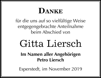 Traueranzeige von Gitta Liersch von Mitteldeutsche Zeitung Merseburg/Querfurt