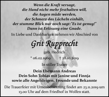 Traueranzeige von Grit Rupprecht von Mitteldeutsche Zeitung Bitterfeld