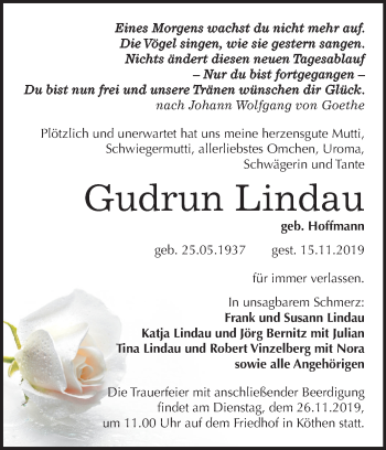 Traueranzeige von Gudrun Lindau von Super Sonntag Köthen