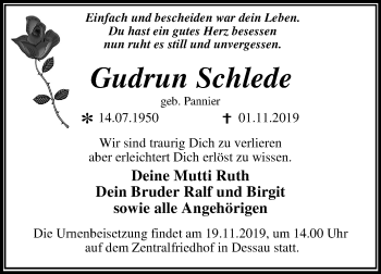Traueranzeige von Gudrun Schlede von Mitteldeutsche Zeitung Dessau-Roßlau