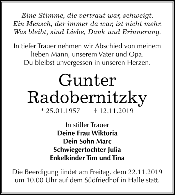 Traueranzeige von Gunter Radobernitzky von Mitteldeutsche Zeitung Halle/Saalkreis