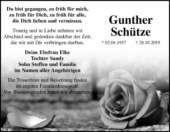 Traueranzeige von Gunther Schütze von Mitteldeutsche Zeitung Bitterfeld