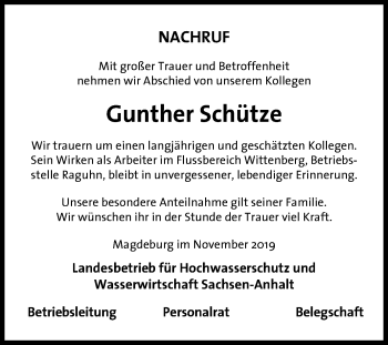 Traueranzeige von Gunther Schütze von Mitteldeutsche Zeitung Bitterfeld