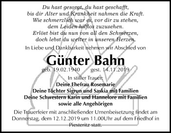 Traueranzeige von Günter Bahn von Super Sonntag Wittenberg