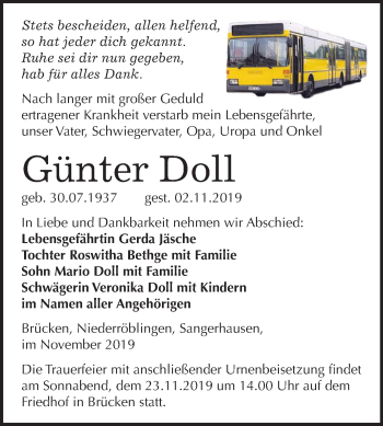 Traueranzeige von Günter Doll von Mitteldeutsche Zeitung Sangerhausen