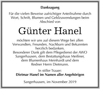 Traueranzeige von Günter Hanel von Super Sonntag Sangerhausen