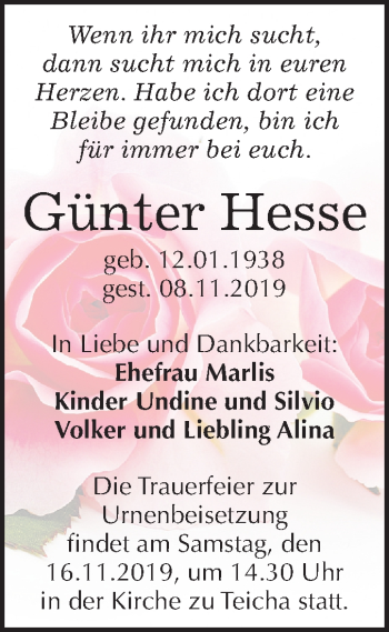 Traueranzeige von Günter Hesse von Mitteldeutsche Zeitung Halle/Saalkreis