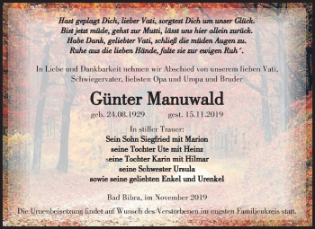 Traueranzeige von Günter Manuwald von Mitteldeutsche Zeitung Naumburg/Nebra