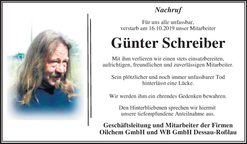  Traueranzeige für Günter Schreiber vom 02.11.2019 aus Mitteldeutsche Zeitung Dessau-Roßlau