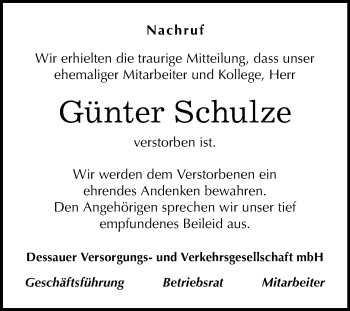 Traueranzeige von Günter Schulze von Mitteldeutsche Zeitung Dessau-Roßlau
