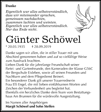 Traueranzeige von Günter Schöwel von Mitteldeutsche Zeitung Mansfelder Land