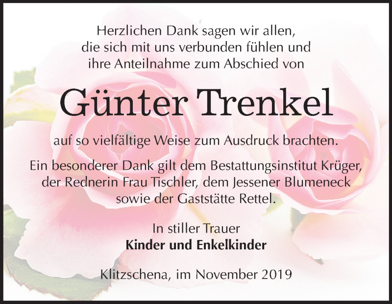  Traueranzeige für Günter Trenkel vom 30.11.2019 aus Mitteldeutsche Zeitung Wittenberg