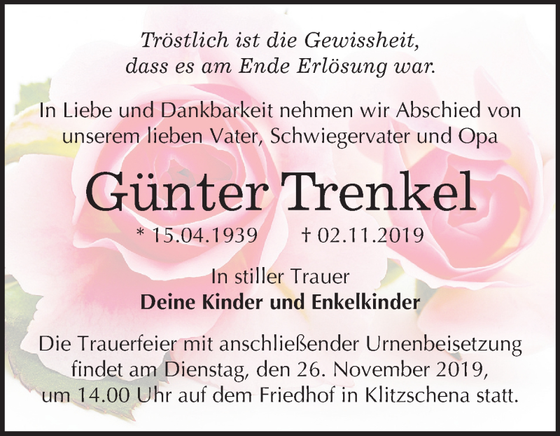  Traueranzeige für Günter Trenkel vom 09.11.2019 aus Mitteldeutsche Zeitung Wittenberg