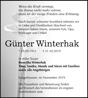 Traueranzeige von Günter Winterhak von Super Sonntag Sangerhausen