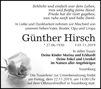 Traueranzeige von Günther Hirsch von Wochenspiegel Naumburg/Nebra