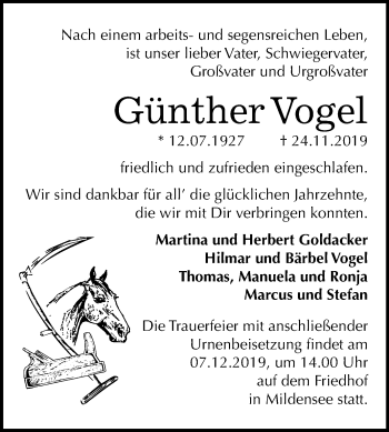 Traueranzeige von Günther Vogel von Super Sonntag Dessau-Roßlau