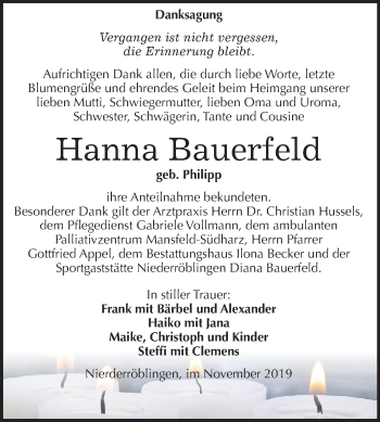Traueranzeige von Hanna Bauerfeld von Mitteldeutsche Zeitung Sangerhausen
