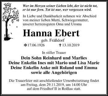Traueranzeige von Hanna Ebert von Mitteldeutsche Zeitung Dessau-Roßlau