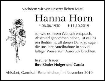Traueranzeige von Hanna Horn von Mitteldeutsche Zeitung Mansfelder Land