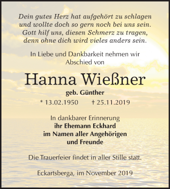Traueranzeige von Hanna Wießner von Mitteldeutsche Zeitung Naumburg/Nebra