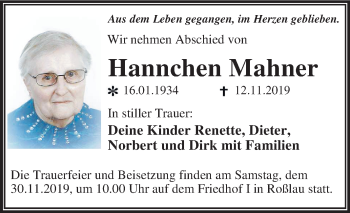 Traueranzeige von Hannchen Mahner von Super Sonntag Dessau-Roßlau