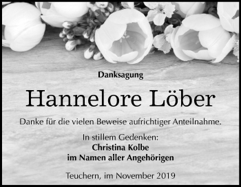 Traueranzeige von Hannelore Löber von Mitteldeutsche Zeitung Weißenfels